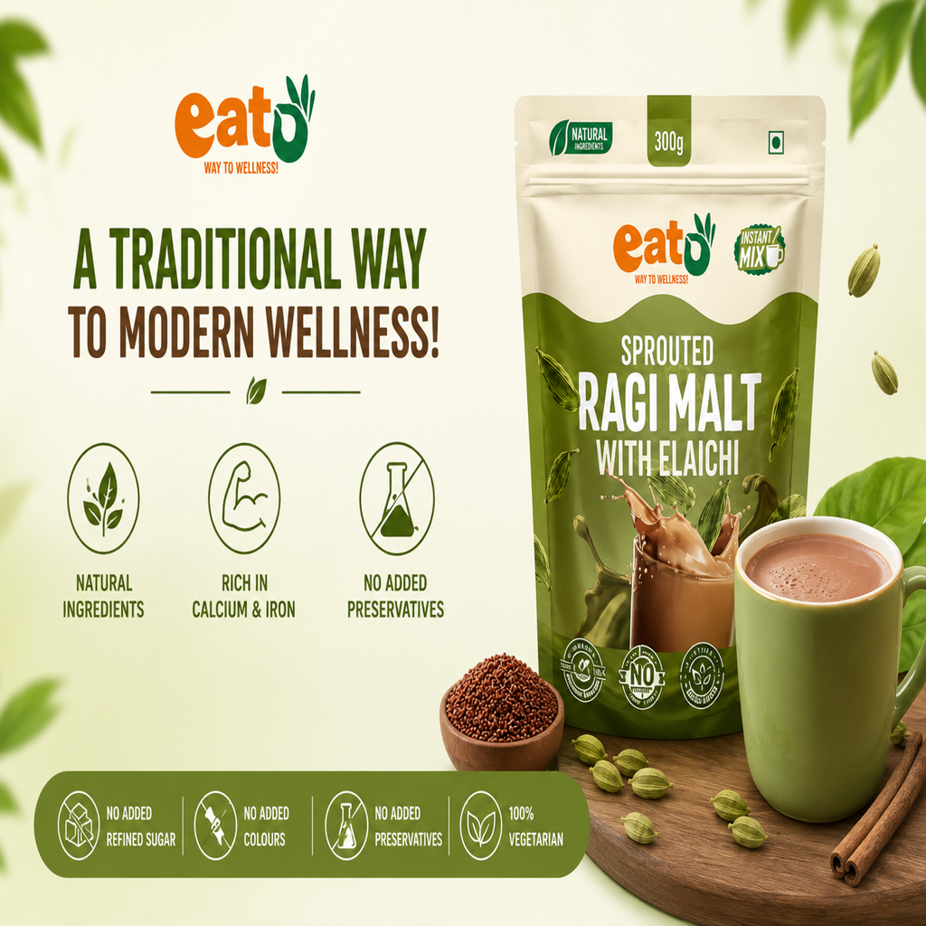 Eat5 Instant Sprouted Ragi Malt with Elaichi | (300gms) |Instant Health Drink Mix | Rich in Calcium & Iron | No Preservatives | Natural Ingredients | Baby, Kids & Family Nutrition