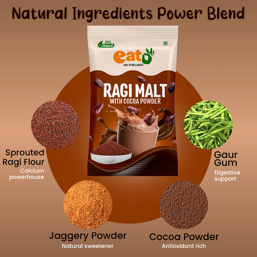 Eat5 Sprouted & Roasted Ragi Malt with Natural Cocoa Powder | Nutritious & Delicious Instant Drink Mix | High in Calcium & Iron | 100% Natural, No Preservatives | Vegan & Gluten-Free