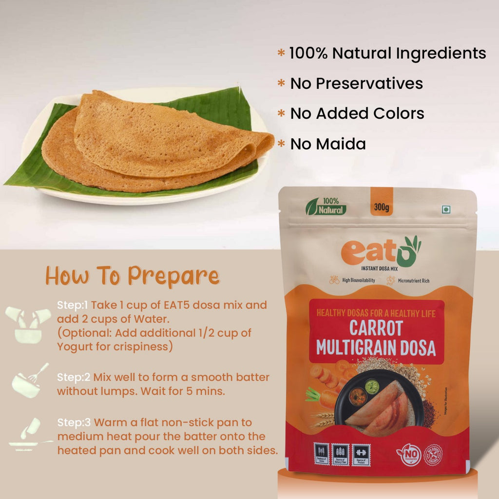 Eat5 Instant Carrot Multigrain Dosa Mix | Healthy, Ready to Cook , Indian Breakfast | 100% Natural, No Preservatives | Makes 10–12 Dosas (300g)