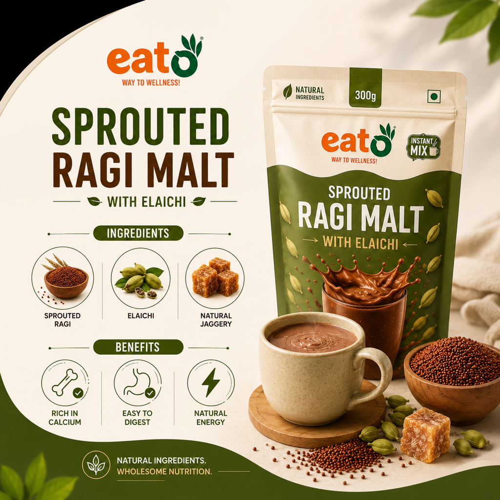 Eat5 Instant Sprouted Ragi Malt with Elaichi | (300gms) |Instant Health Drink Mix | Rich in Calcium & Iron | No Preservatives | Natural Ingredients | Baby, Kids & Family Nutrition