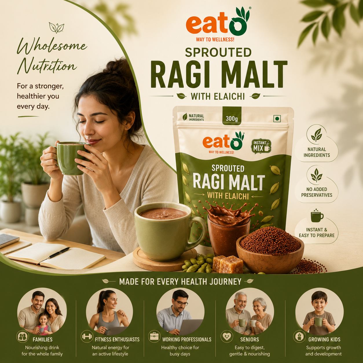 Eat5 Instant Sprouted Ragi Malt with Elaichi | (300gms) |Instant Health Drink Mix | Rich in Calcium & Iron | No Preservatives | Natural Ingredients | Baby, Kids & Family Nutrition