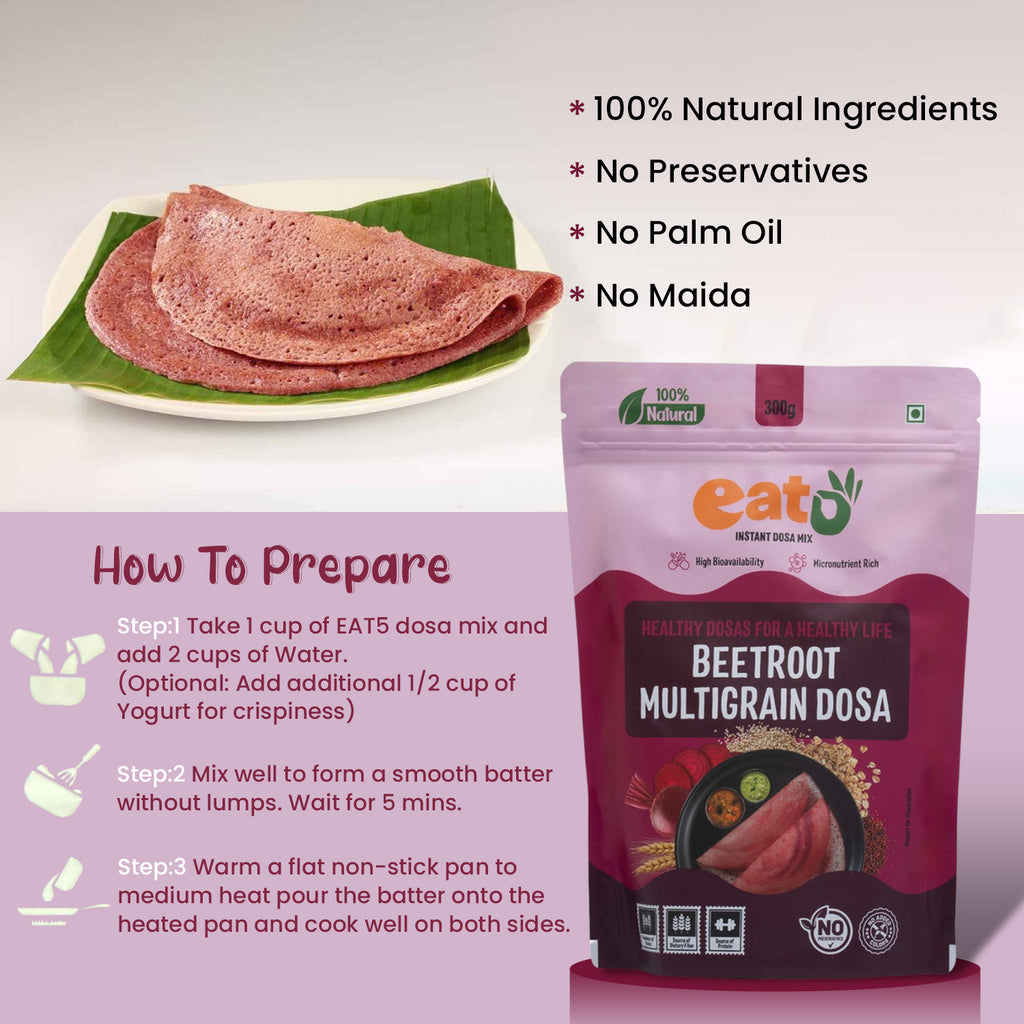 Eat5 Instant Beetroot Multigrain Dosa Mix  | Healthy, Ready to Cook , Indian Breakfast  | 100% Natural | No Preservatives | Makes 10–12 Dosas 300g