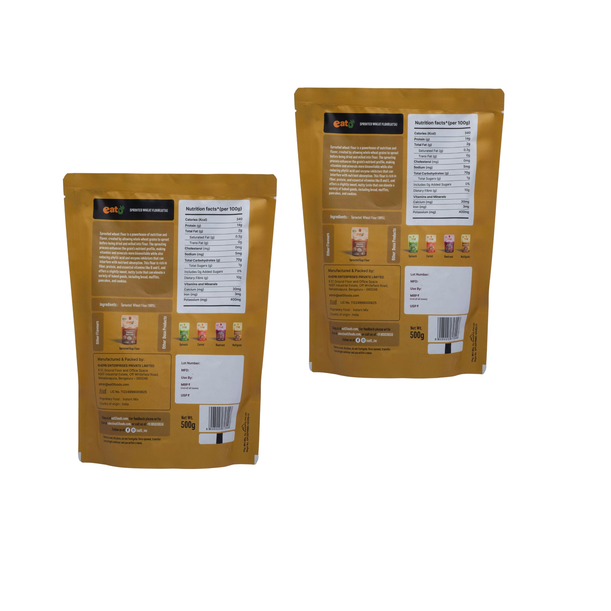 Eat5 Sprouted Wheat Flour | 100% Natural & Clean Label | High Fiber & Nutrient Rich | Easy to Digest | Ideal for Soft Rotis, Parathas & Baking (500g)