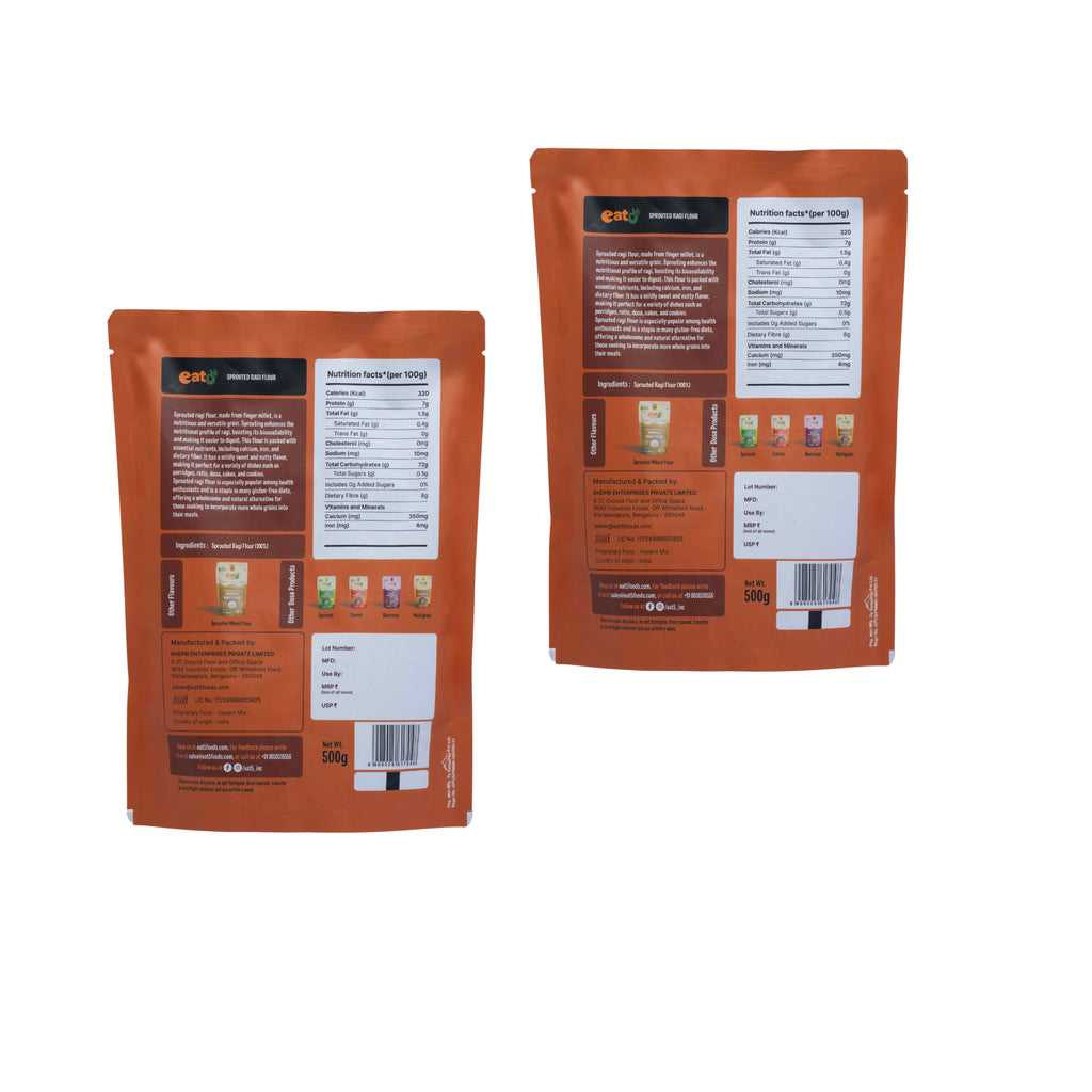 Eat5 Sprouted Ragi Flour Healthy & Instant (500g) | High in Calcium & Iron | 100% Natural, Gluten-Free & Vegan | Ideal for Porridge, Rotis, Pancakes & More | No Preservatives