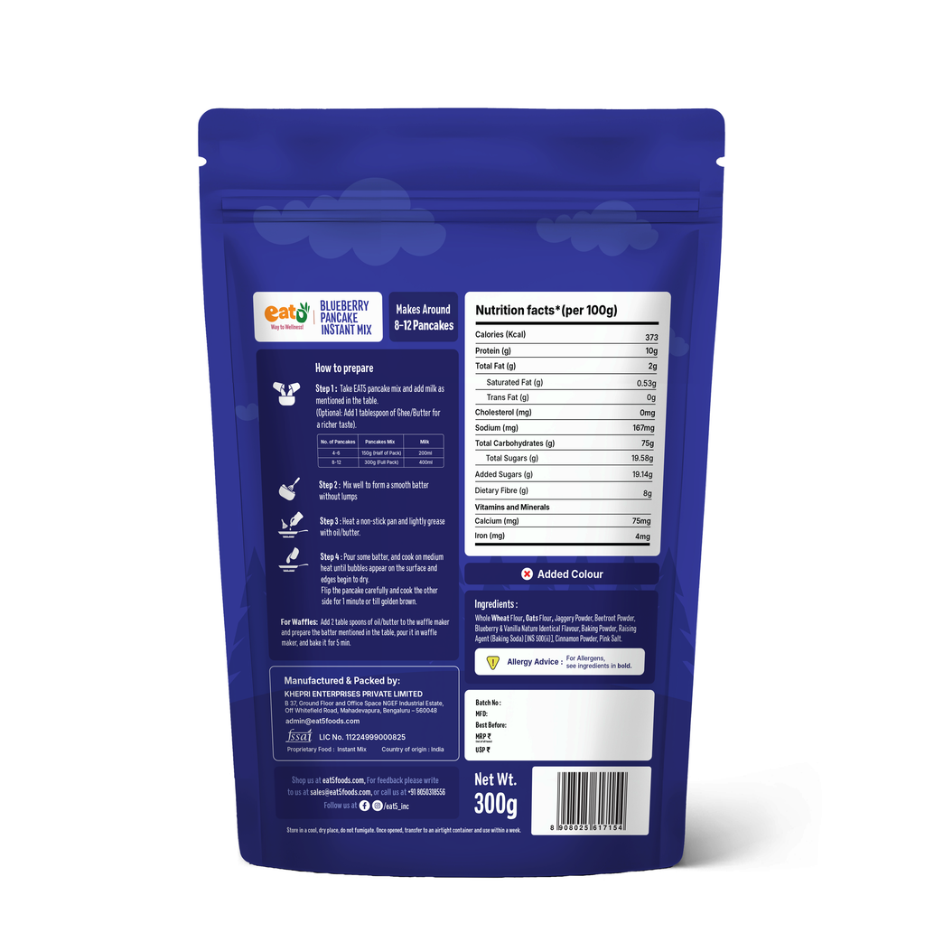 Eat5 Blueberry Pancake Instant Mix 300g | No Maida, No Refined Sugar, Preservative-Free | Rich, Soft & Fluffy Healthy Blueberry Pancakes | High Fiber & Protein-Rich | Quick & Easy Breakfast or Snack