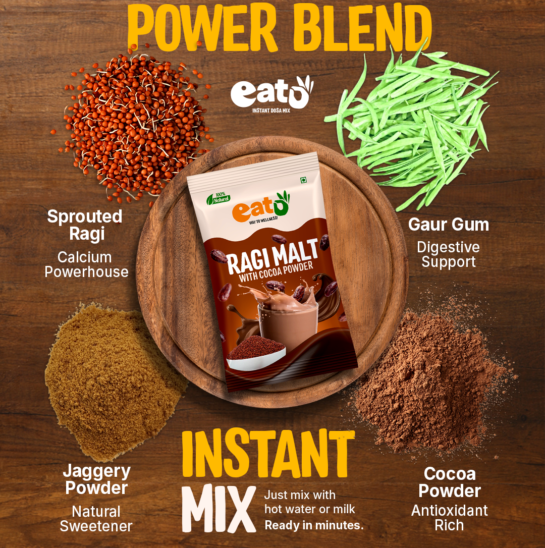 Eat5 Instant Sprouted & Roasted Ragi Malt with Natural Cocoa Powder | (15g X 10 Sachet) | Nutritious & Delicious Instant Drink Mix | High in Calcium & Iron | 100% Natural, No Preservatives | Vegan & Gluten-Free