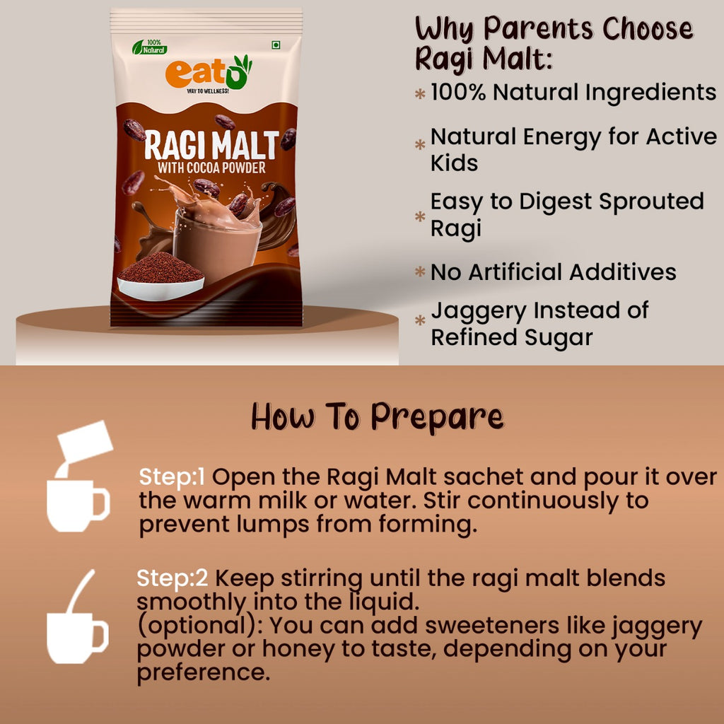 Eat5 Sprouted & Roasted Ragi Malt with Natural Cocoa Powder | Nutritious & Delicious Instant Drink Mix | High in Calcium & Iron | 100% Natural, No Preservatives | Vegan & Gluten-Free