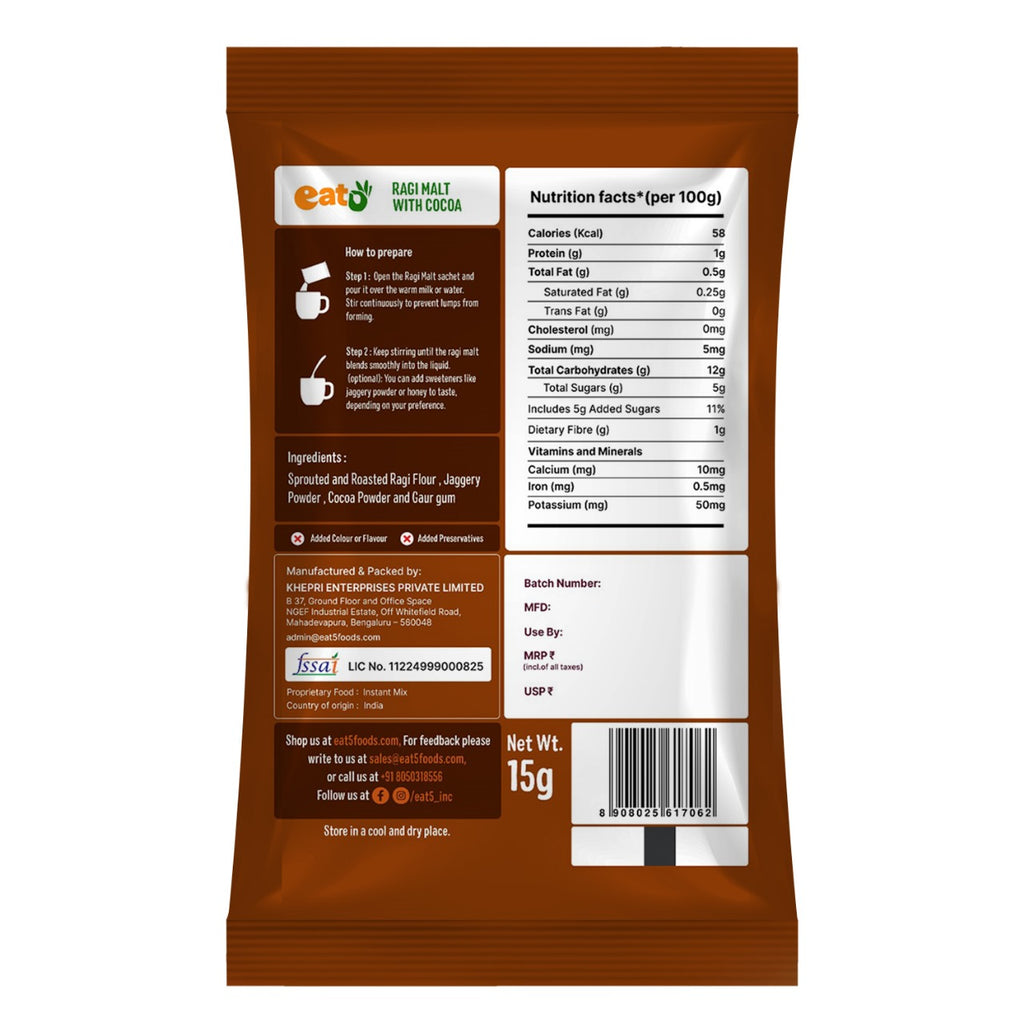 Eat5 Sprouted & Roasted Ragi Malt with Natural Cocoa Powder | Nutritious & Delicious Instant Drink Mix | High in Calcium & Iron | 100% Natural, No Preservatives | Vegan & Gluten-Free