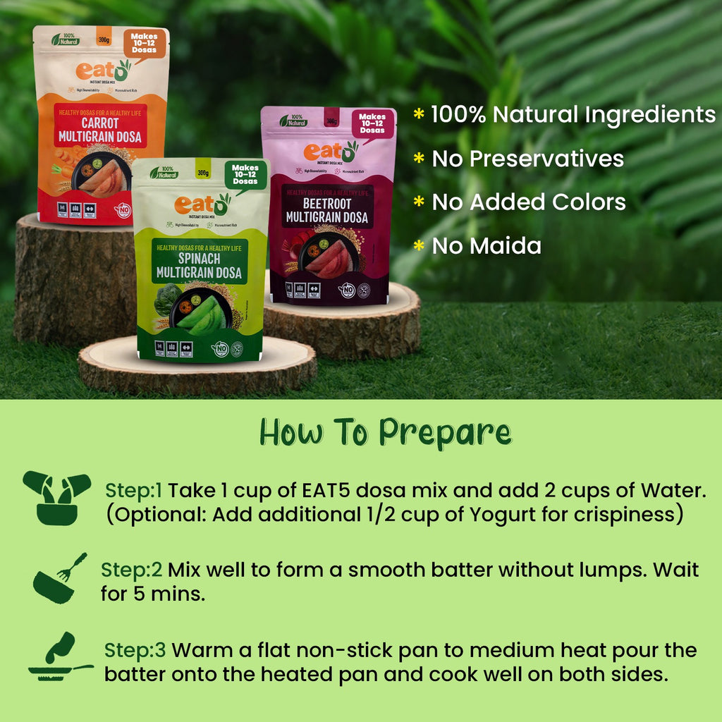 Eat5 Instant Multigrain Dosa Mix Combo Pack | Carrot, Spinach & Beetroot  | High Bioavailability & Micronutrient Rich | 100% Natural, No Preservatives | Makes 10–12 Dosas Each (3*300g)