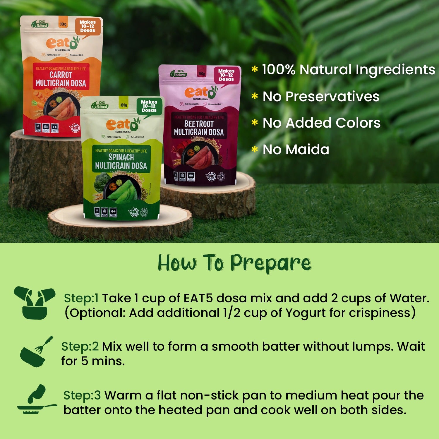 Eat5 Instant Multigrain Dosa Mix Combo Pack | Carrot, Spinach & Beetroot  | High Bioavailability & Micronutrient Rich | 100% Natural, No Preservatives | Makes 10–12 Dosas Each (3*300g)