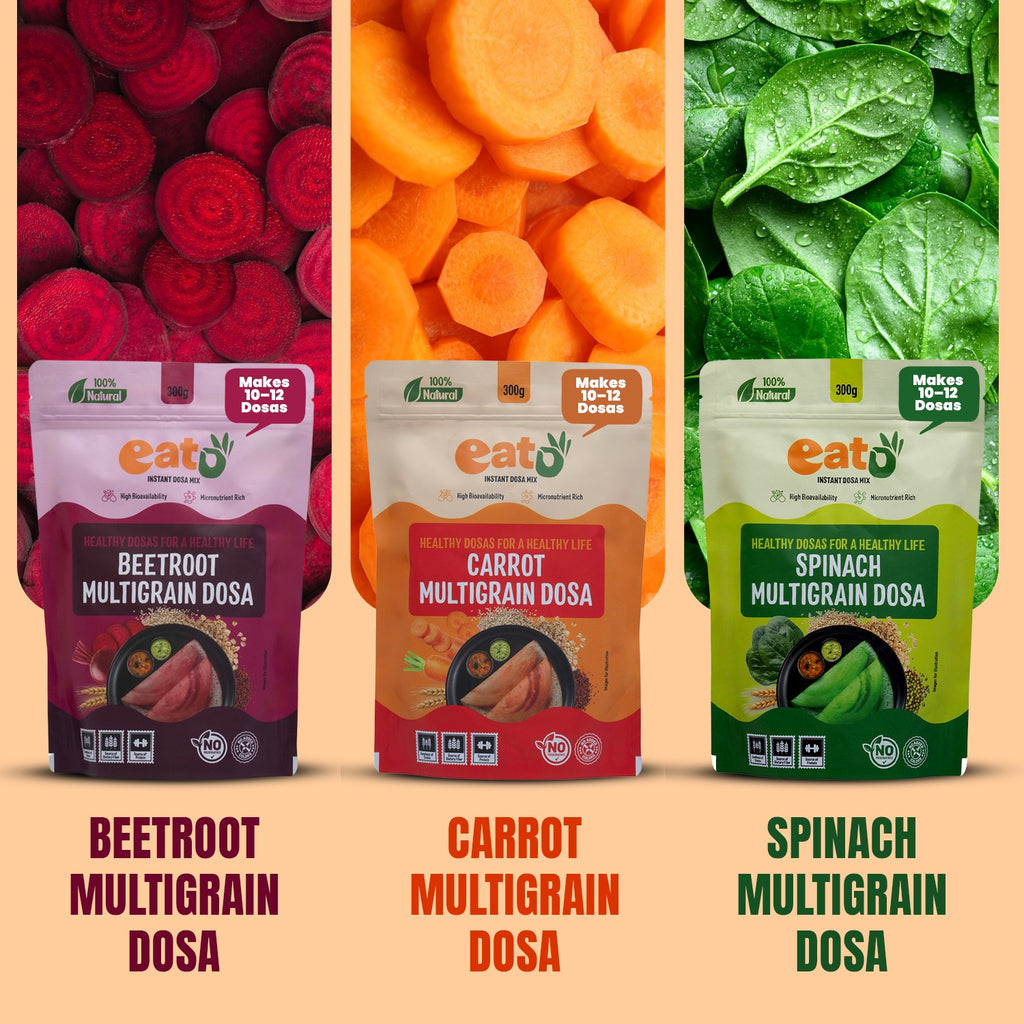 Eat5 Instant Multigrain Dosa Mix Combo Pack | Carrot, Spinach & Beetroot  | High Bioavailability & Micronutrient Rich | 100% Natural, No Preservatives | Makes 10–12 Dosas Each (3*300g)