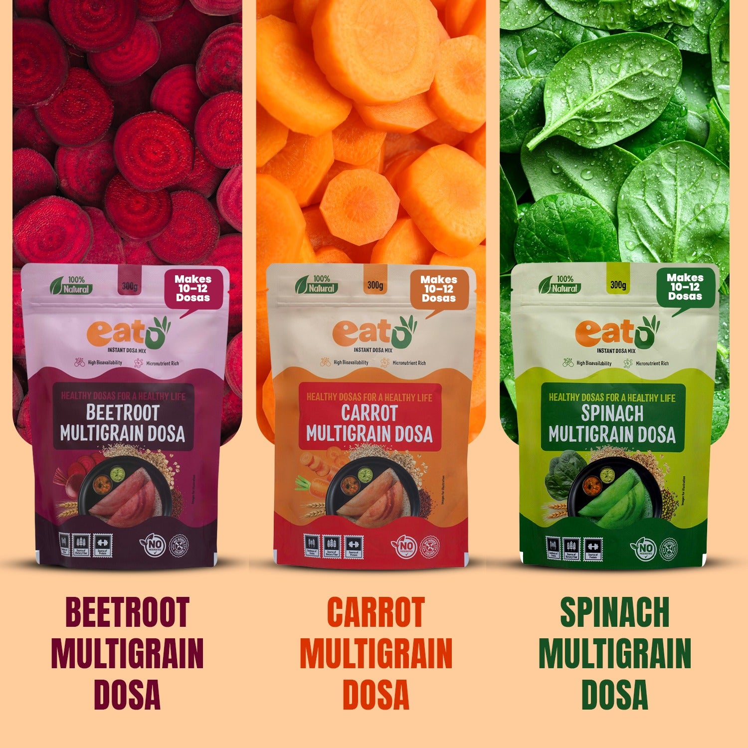 Eat5 Instant Multigrain Dosa Mix Combo Pack | Carrot, Spinach & Beetroot  | High Bioavailability & Micronutrient Rich | 100% Natural, No Preservatives | Makes 10–12 Dosas Each (3*300g)