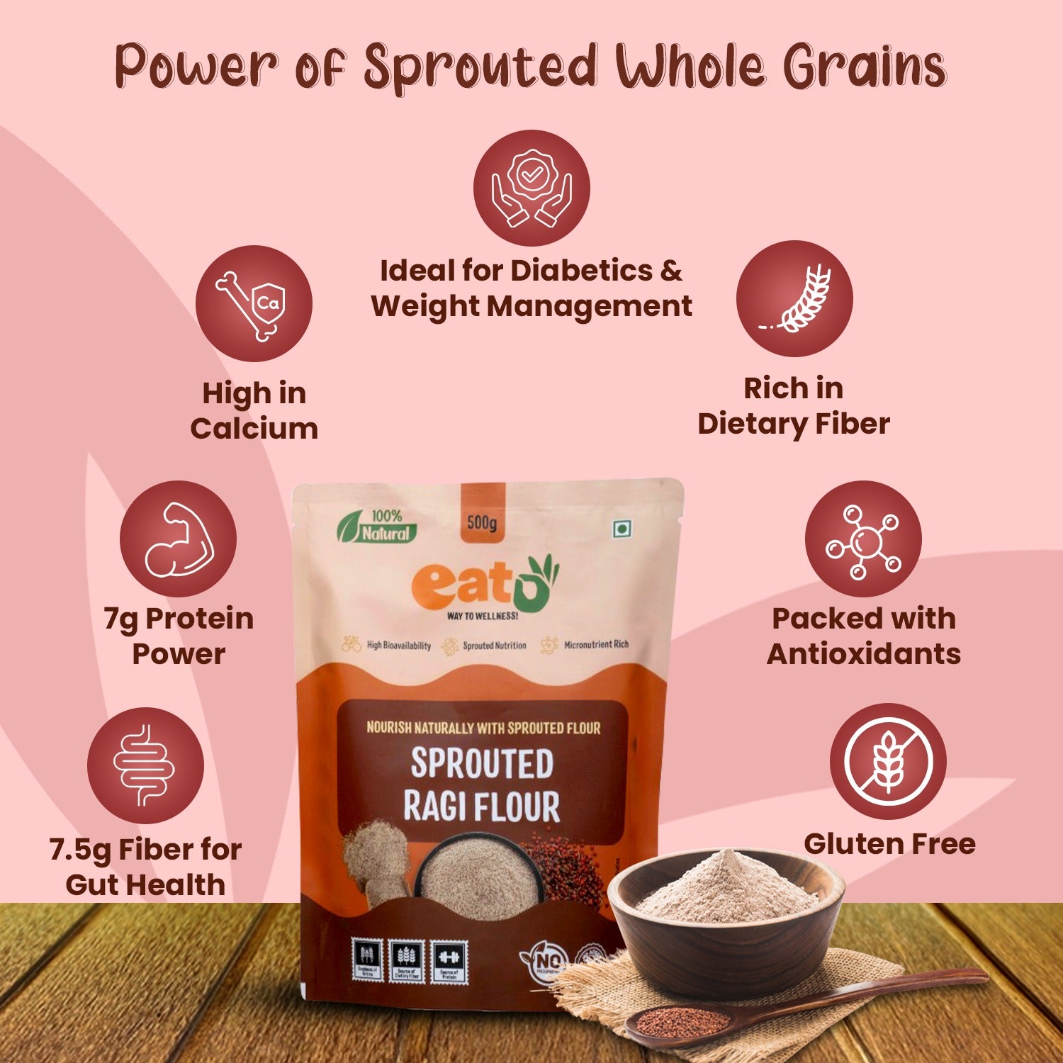 Eat5 Sprouted Ragi Flour Healthy & Instant (500g) | High in Calcium & Iron | 100% Natural, Gluten-Free & Vegan | Ideal for Porridge, Rotis, Pancakes & More | No Preservatives