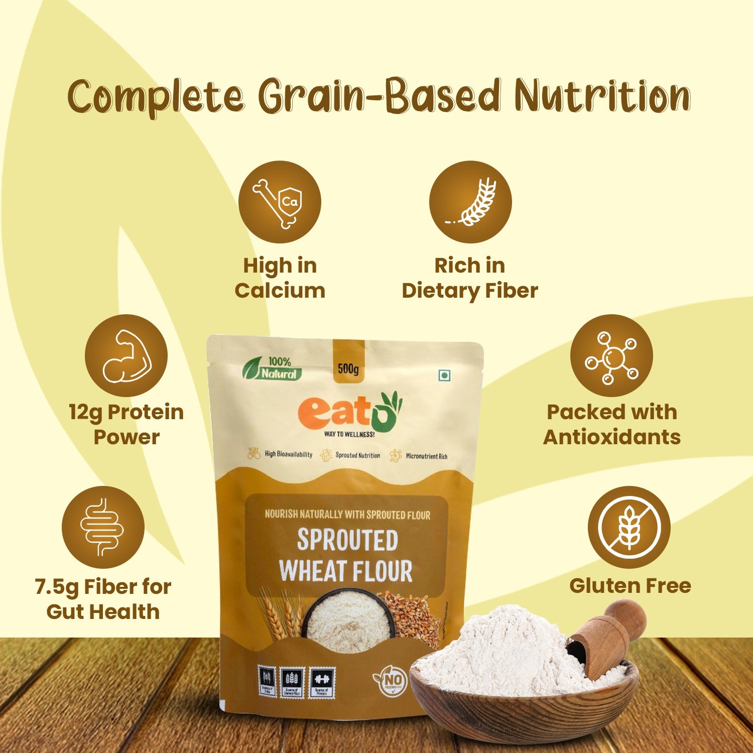Eat5 Sprouted Wheat Flour | 100% Natural & Clean Label | High Fiber & Nutrient Rich | Easy to Digest | Ideal for Soft Rotis, Parathas & Baking (500g)