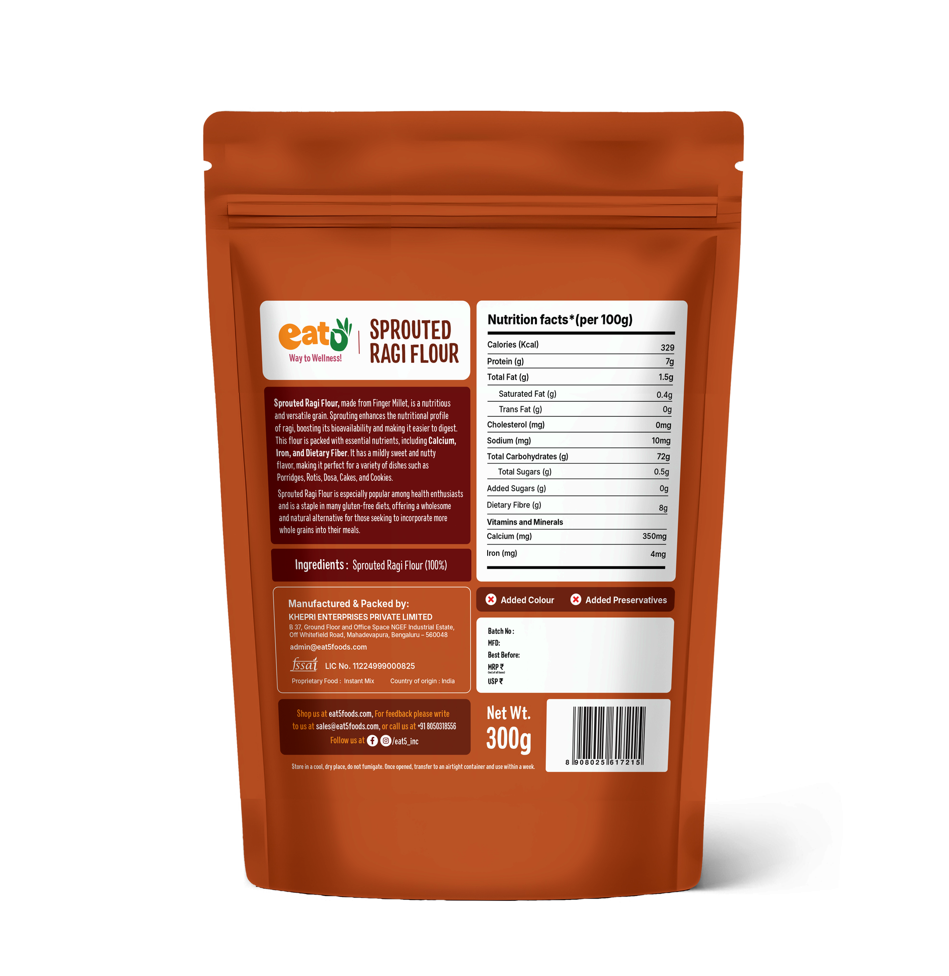 Eat5 Sprouted Ragi Flour Healthy & Instant (300 g * 2) | High in Calcium & Iron | 100% Natural, Gluten-Free & Vegan | Ideal for Porridge, Rotis, Pancakes & More | No Preservatives