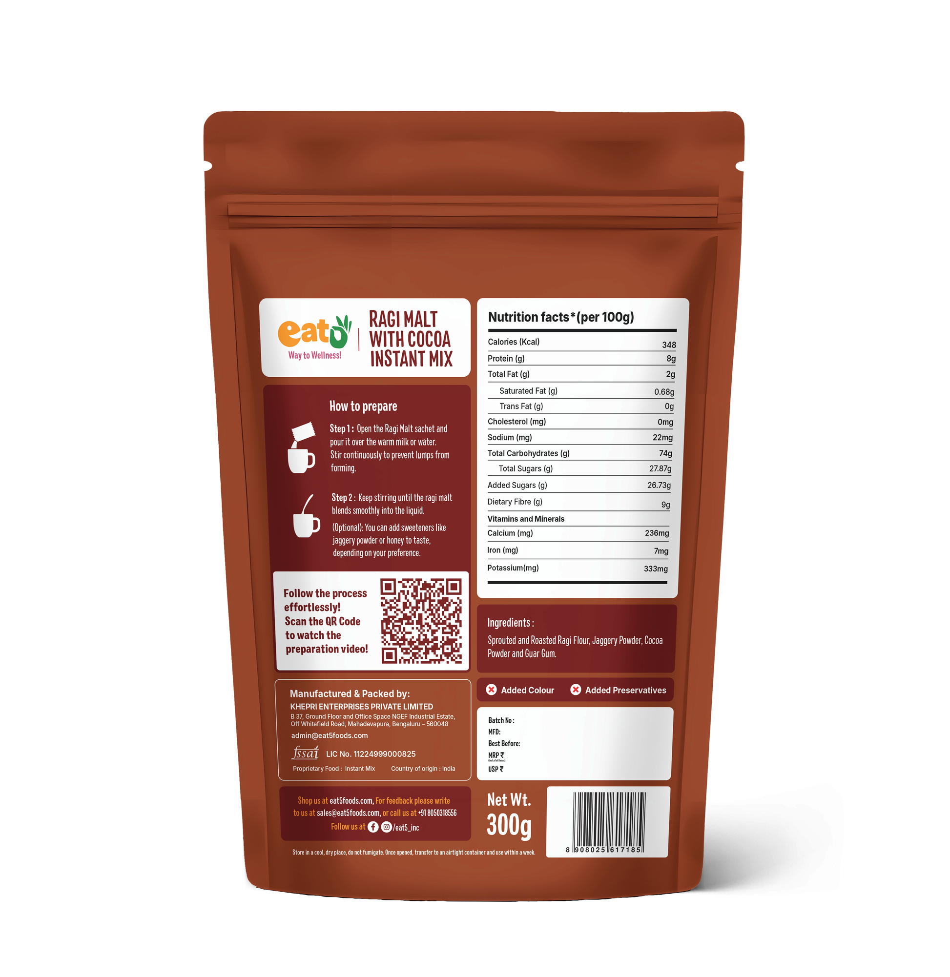 Eat5 Instant Sprouted & Roasted Ragi Malt with Natural Cocoa Powder | 300 gms | Nutritious & Delicious Instant Drink Mix | High in Calcium & Iron | 100% Natural, No Preservatives | Vegan & Gluten-Free