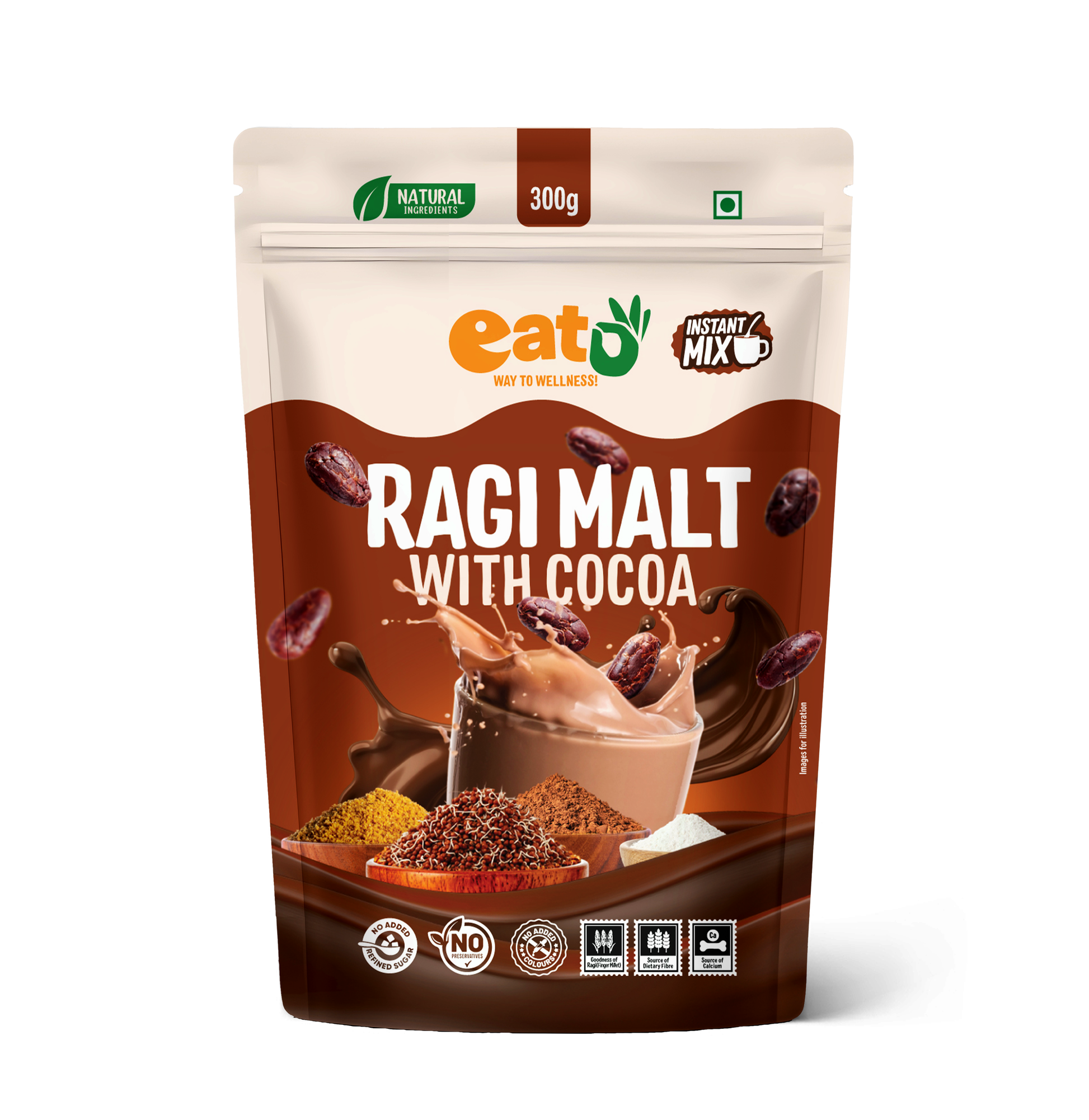Eat5 Instant Sprouted & Roasted Ragi Malt with Natural Cocoa Powder | 300 gms | Nutritious & Delicious Instant Drink Mix | High in Calcium & Iron | 100% Natural, No Preservatives | Vegan & Gluten-Free