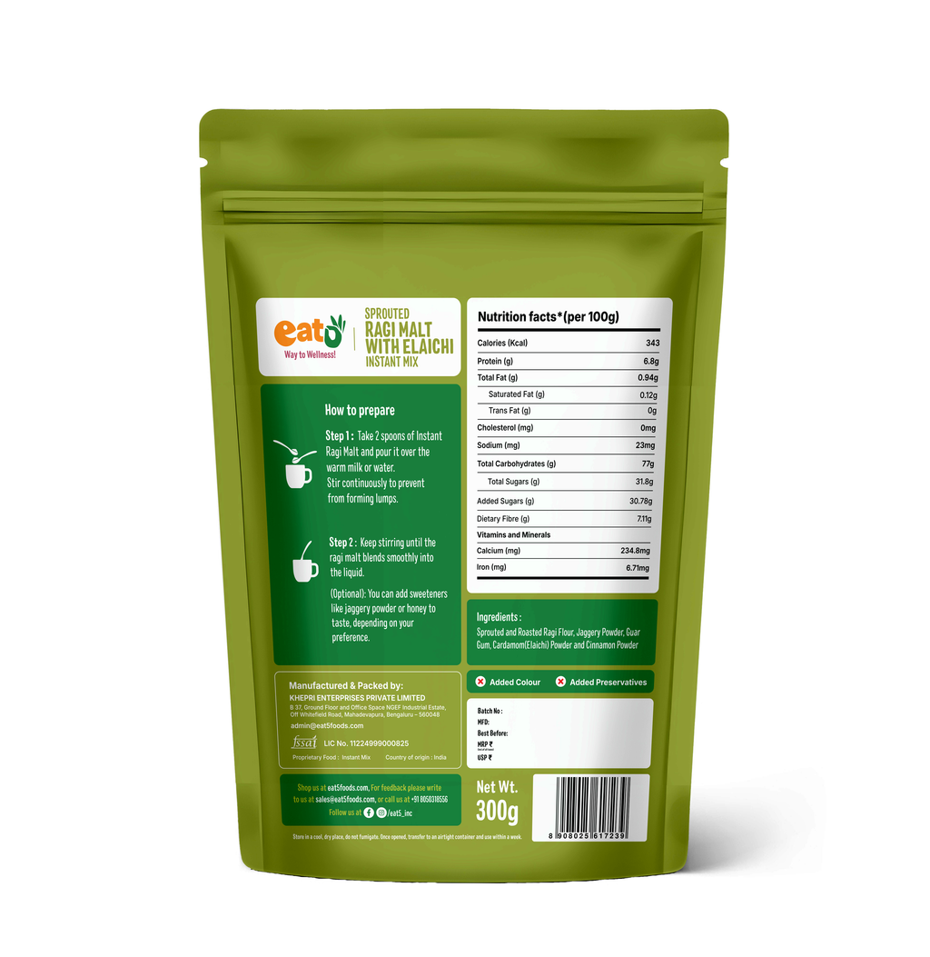 Eat5 Instant Sprouted Ragi Malt with Elaichi | (300gms) |Instant Health Drink Mix | Rich in Calcium & Iron | No Preservatives | Natural Ingredients | Baby, Kids & Family Nutrition