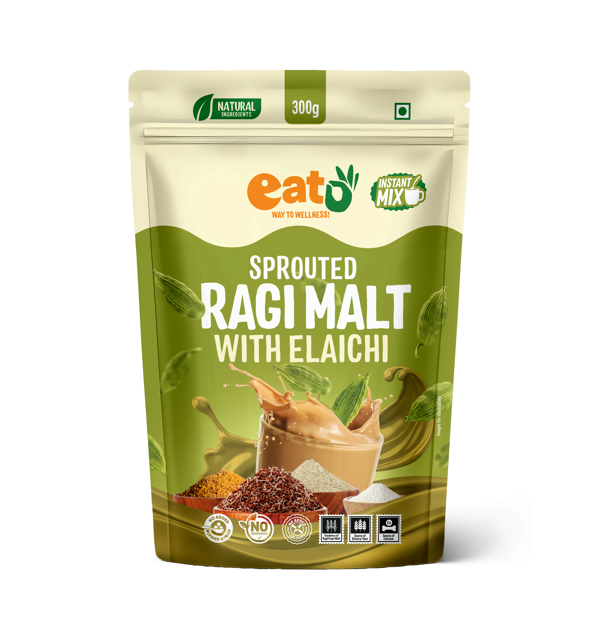 Eat5 Instant Sprouted Ragi Malt with Elaichi | (300gms) |Instant Health Drink Mix | Rich in Calcium & Iron | No Preservatives | Natural Ingredients | Baby, Kids & Family Nutrition