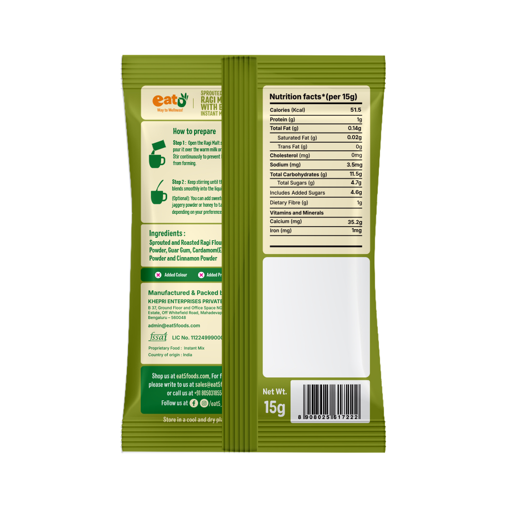 Eat5 Instant Sprouted Ragi Malt with Elaichi | (15g X 24 Sachet) |Instant Health Drink Mix | Rich in Calcium & Iron | No Preservatives | Natural Ingredients | Baby, Kids & Family Nutrition