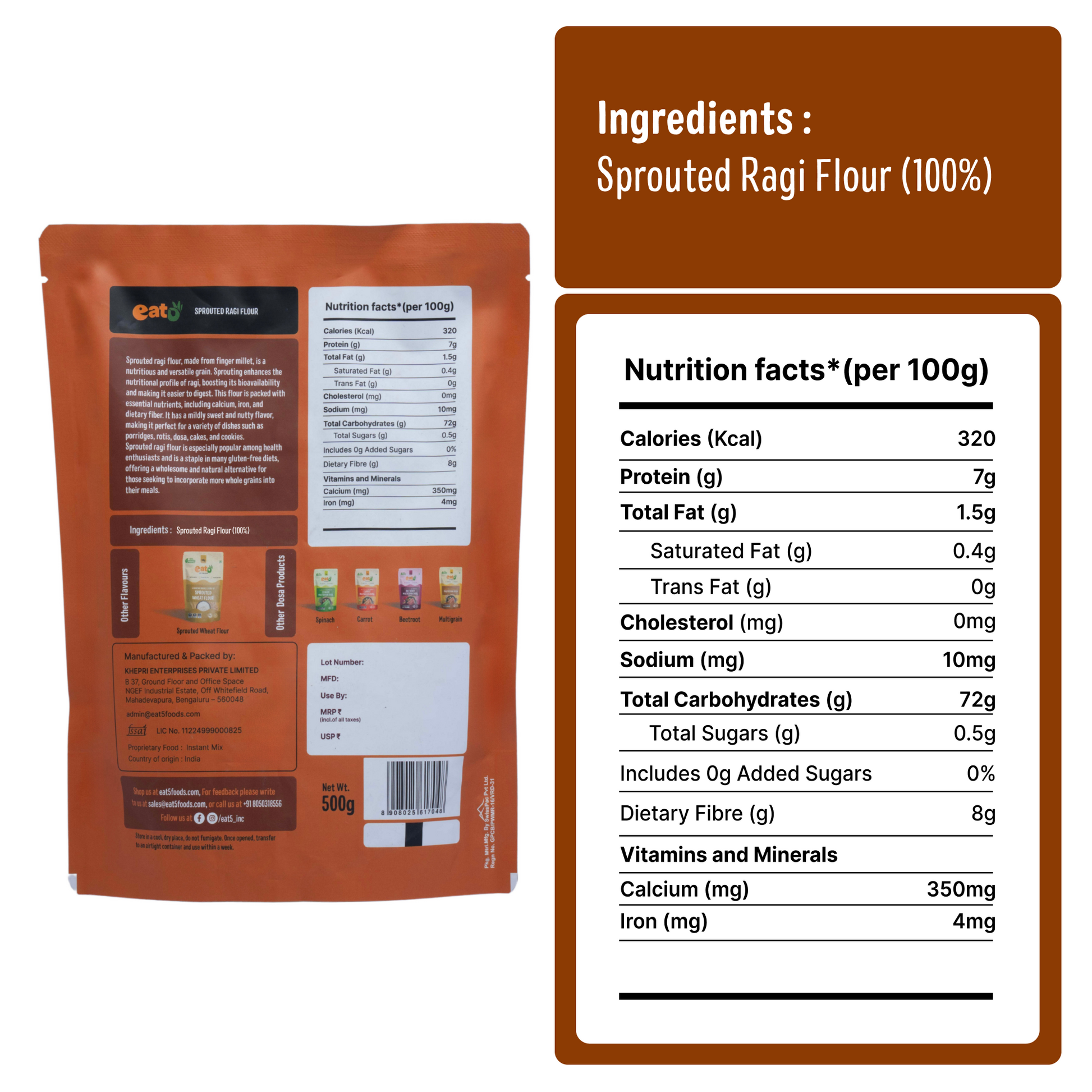 Eat5 Sprouted Ragi Flour Healthy & Instant (500g) | High in Calcium & Iron | 100% Natural, Gluten-Free & Vegan | Ideal for Porridge, Rotis, Pancakes & More | No Preservatives