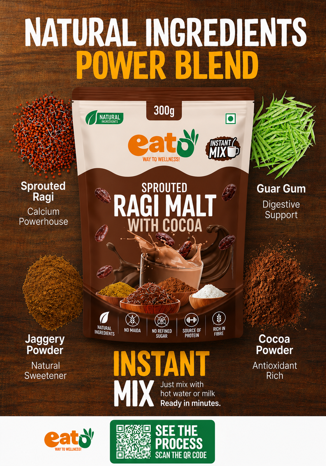 Eat5 Instant Sprouted & Roasted Ragi Malt with Natural Cocoa Powder | 300 gms | Nutritious & Delicious Instant Drink Mix | High in Calcium & Iron | 100% Natural, No Preservatives | Vegan & Gluten-Free