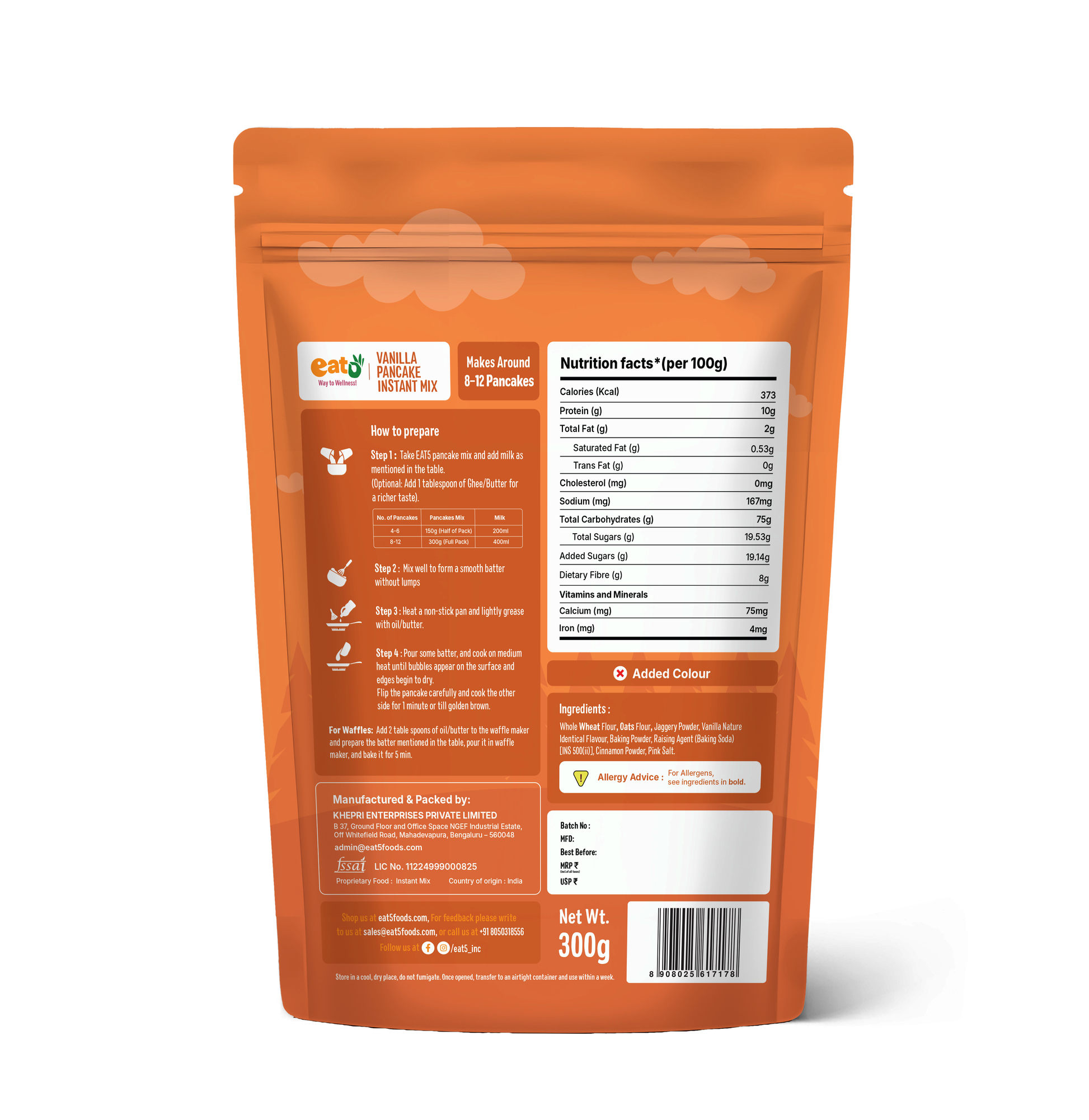 EAT5 Vanilla Pancake Instant Mix 300g | No Maida, No Refined Sugar, Preservative-Free | Wholesome, Nutritious & Fluffy Pancakes | High Fiber, Protein-Rich | Quick & Easy Breakfast or Snack