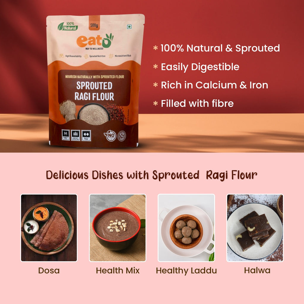 Eat5 Sprouted Ragi Flour Healthy & Instant (500g) | High in Calcium & Iron | 100% Natural, Gluten-Free & Vegan | Ideal for Porridge, Rotis, Pancakes & More | No Preservatives