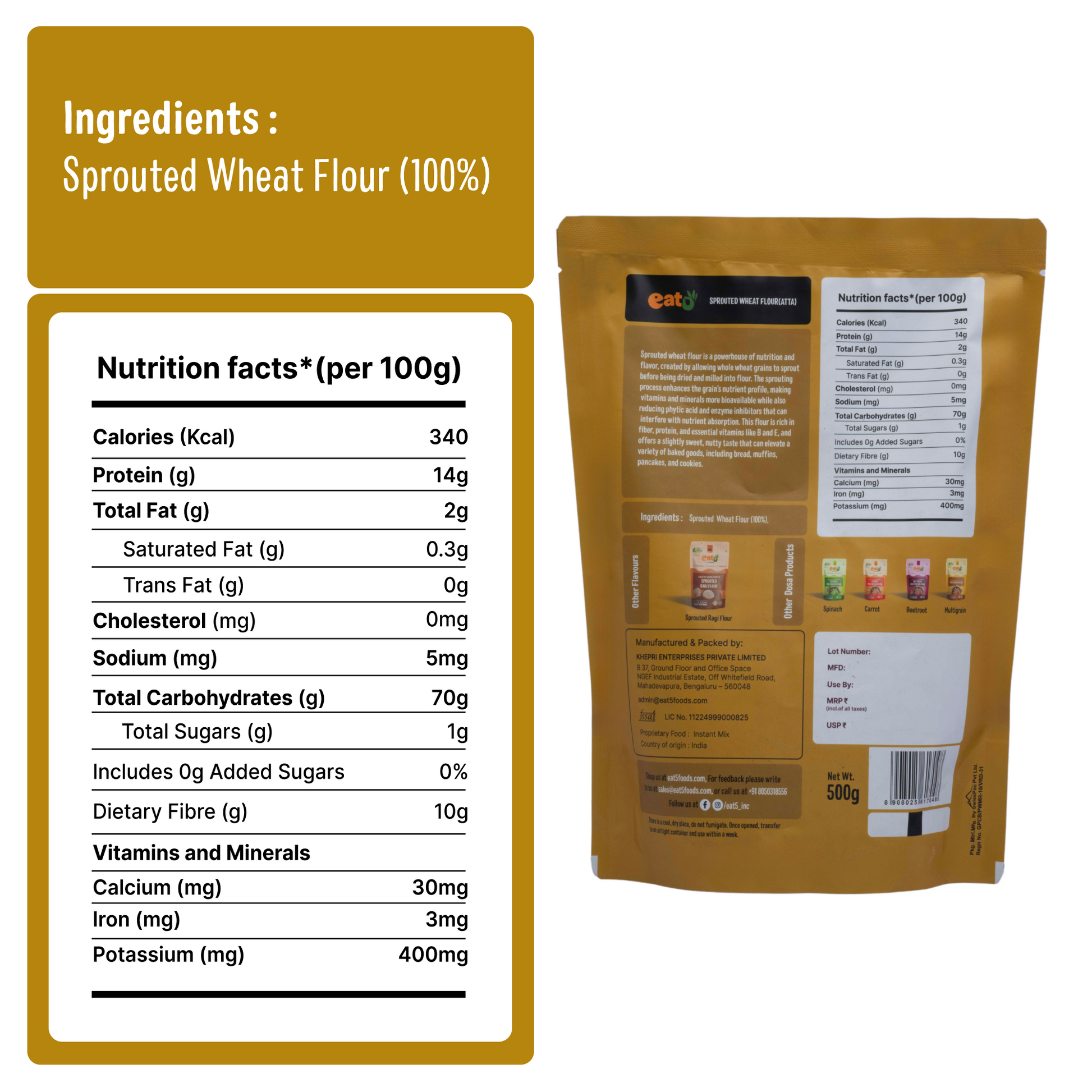 Eat5 Sprouted Wheat Flour | 100% Natural & Clean Label | High Fiber & Nutrient Rich | Easy to Digest | Ideal for Soft Rotis, Parathas & Baking (500g)