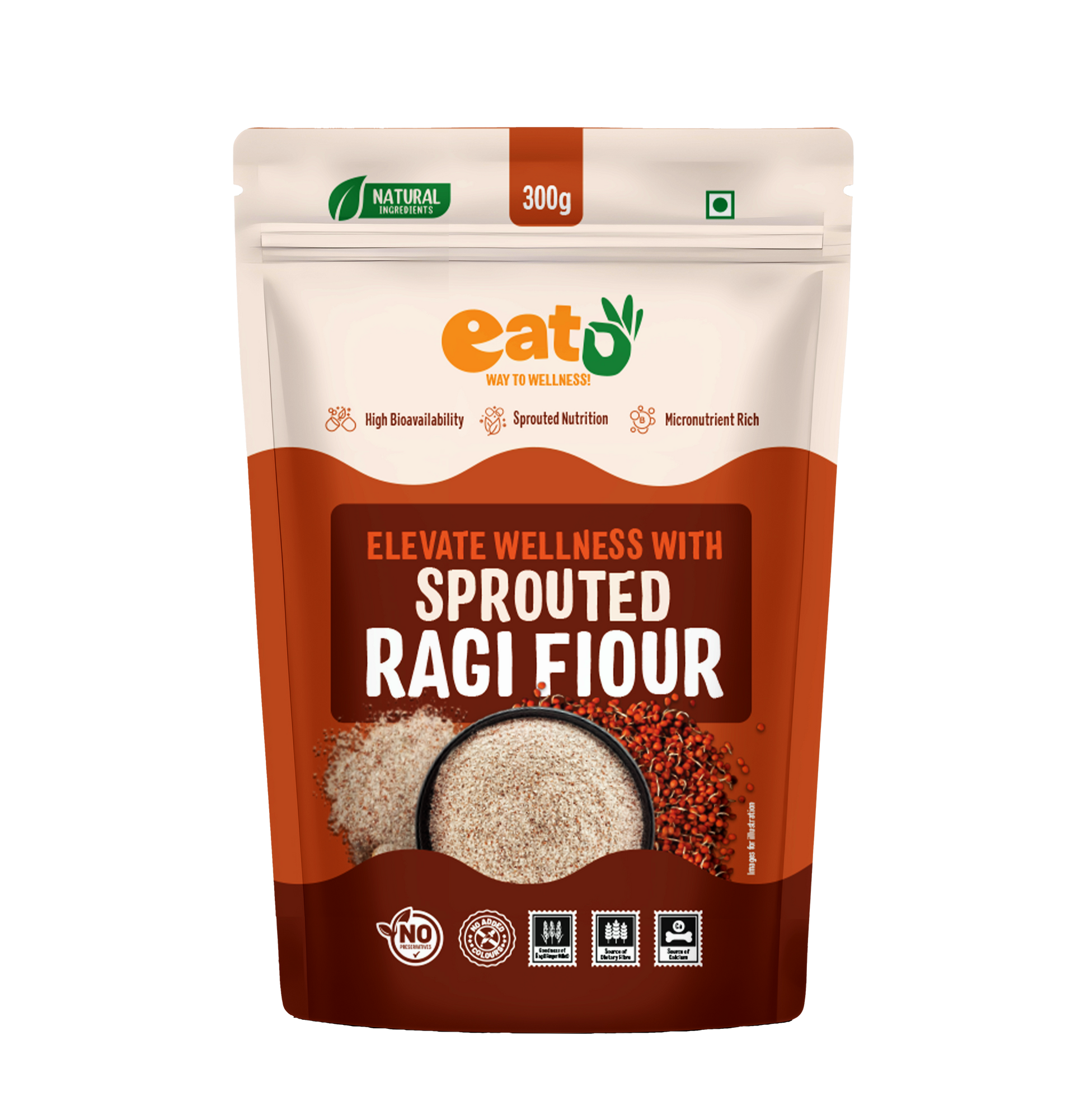 Eat5 Sprouted Ragi Flour Healthy & Instant (300 g * 2) | High in Calcium & Iron | 100% Natural, Gluten-Free & Vegan | Ideal for Porridge, Rotis, Pancakes & More | No Preservatives