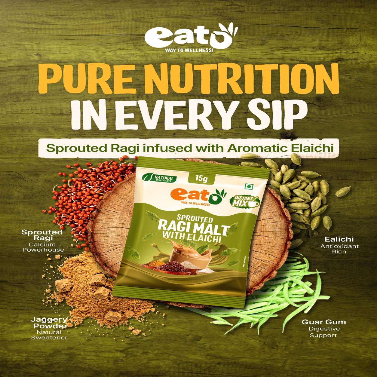 Eat5 Instant Sprouted Ragi Malt with Elaichi | (15g X 24 Sachet) |Instant Health Drink Mix | Rich in Calcium & Iron | No Preservatives | Natural Ingredients | Baby, Kids & Family Nutrition
