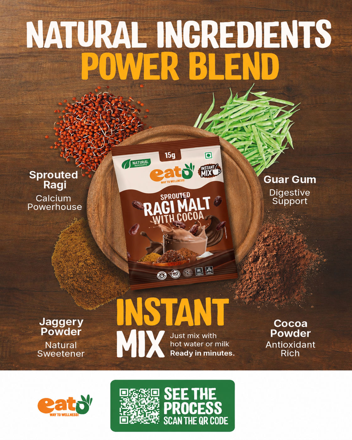 Eat5 Instant Sprouted & Roasted Ragi Malt with Natural Cocoa Powder | (15g X 24 Sachet) | Nutritious & Delicious Instant Drink Mix | High in Calcium & Iron | 100% Natural, No Preservatives | Vegan & Gluten-Free